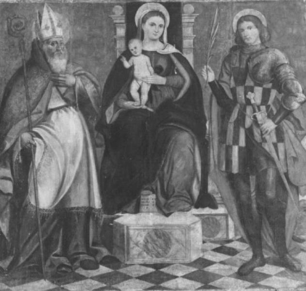 Madonna con Bambino in trono fra San Tiziano Vesco- vo e San Vittore (dipinto) di Da Mel Giovanni (sec. XVI)
