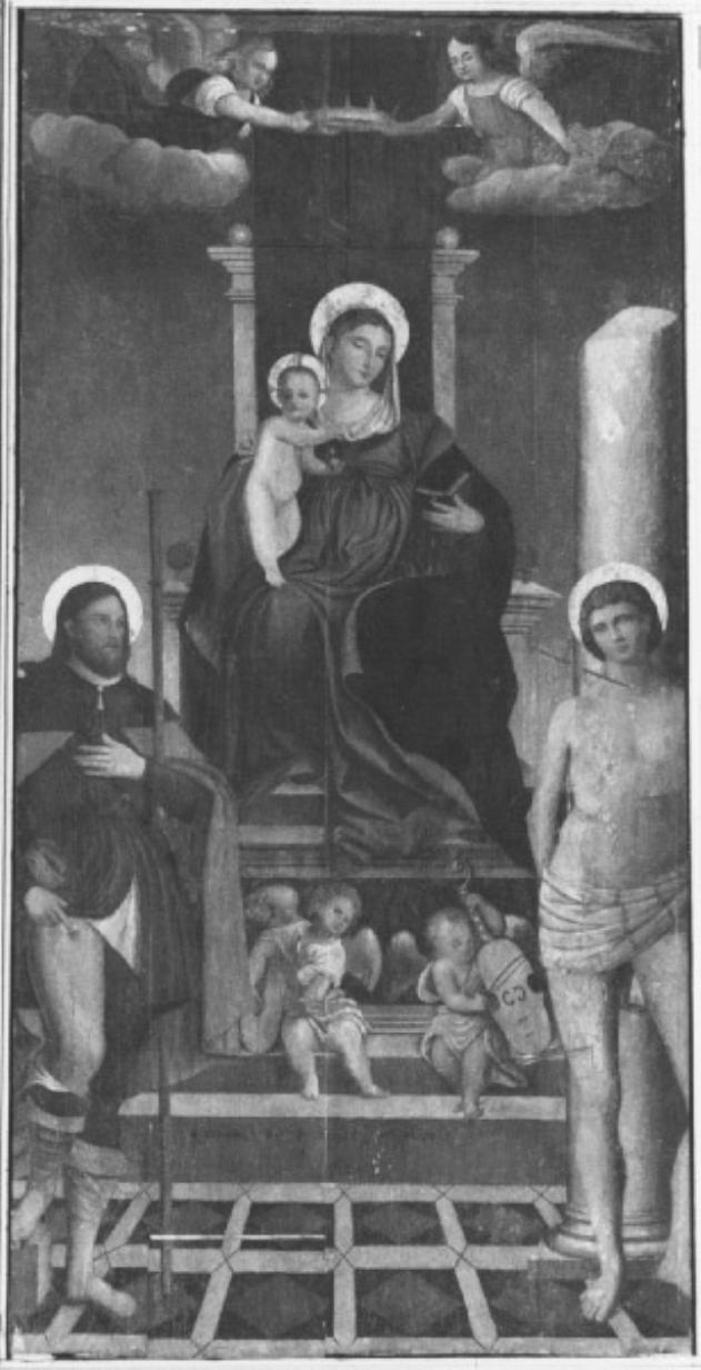 Madonna con Bambino tra San Rocco e San Sebastiano (dipinto) di Da Mel Giovanni (sec. XVI)