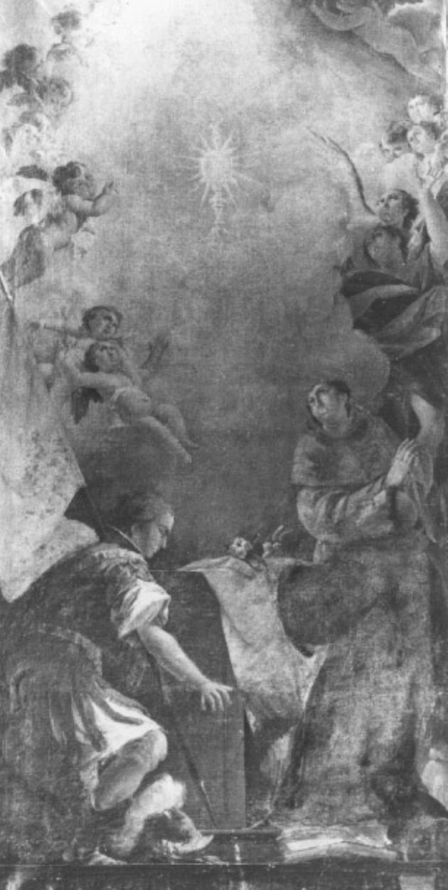 Eucaristia adorata da angeli e da San Vittore, San Antonio da Padova e San Bernardino (dipinto) di Doglioni Clemente (attribuito) - ambito bellunese (sec. XVIII)