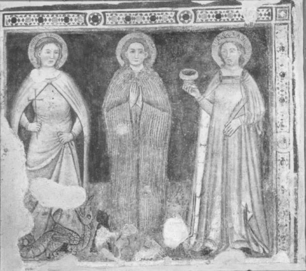 Santa Margherita di Antiochia, Santa Maria Egiziaca e Santa Lucia, due donatori (dipinto) - ambito veneto (sec. XIV)