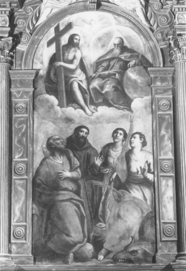 La Santissima Trinità con i Santi Giuseppe, Fran- cesco, Lucia e Margherita (dipinto) di Palma Antonio (sec. XVII)
