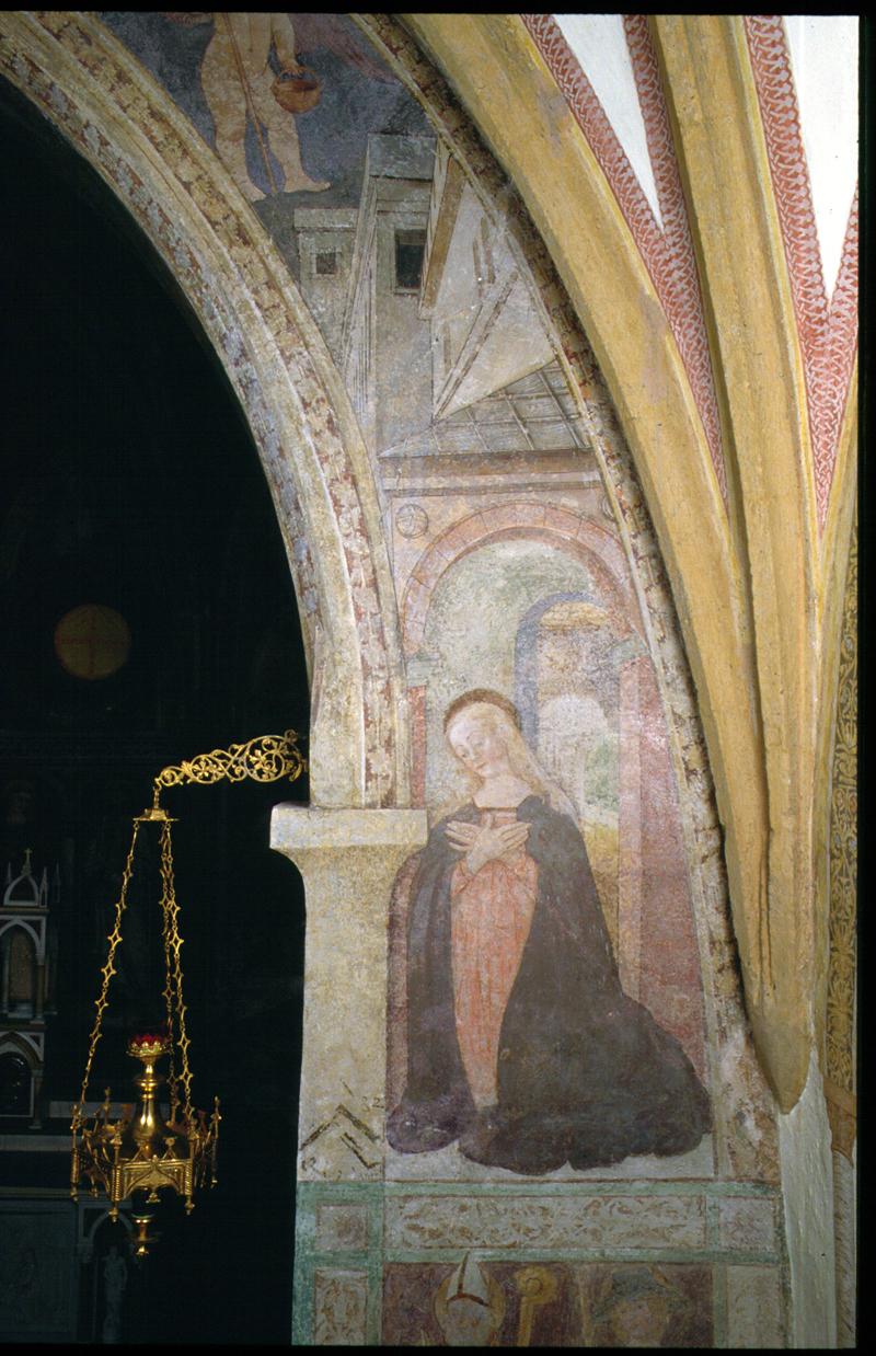 Vergine annunciata (dipinto, elemento d'insieme) di Gianfrancesco Da Tolmezzo - ambito veneto (sec. XV)