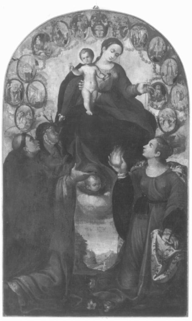 Madonna del Rosario tra San Domenico, Santa Cate- rina da Siena, Santa Augusta e Misteri del Rosario (dipinto) di Frigimelica Francesco - ambito veneto (prima metà sec. XVII)