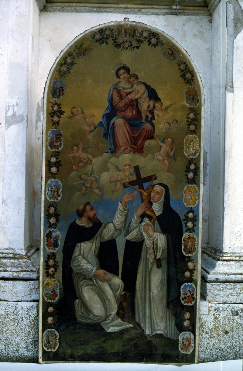 Madonna del Rosario tra San Domenico e Santa Caterina con i misteri del Rosario (dipinto) - manifattura veneta (sec. XVII)