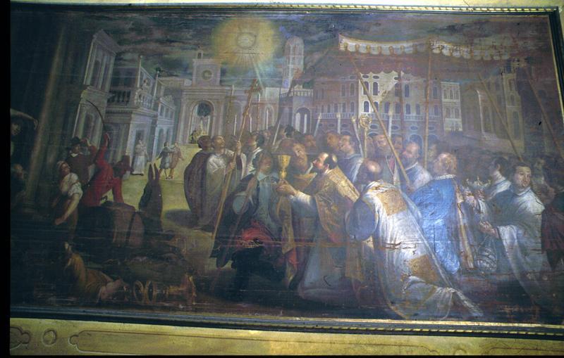 miracolo e processione del Santissimo Sacramento dell'Eucarestia (dipinto) di Orioli Deifilo - ambito veneto (sec. XVII)