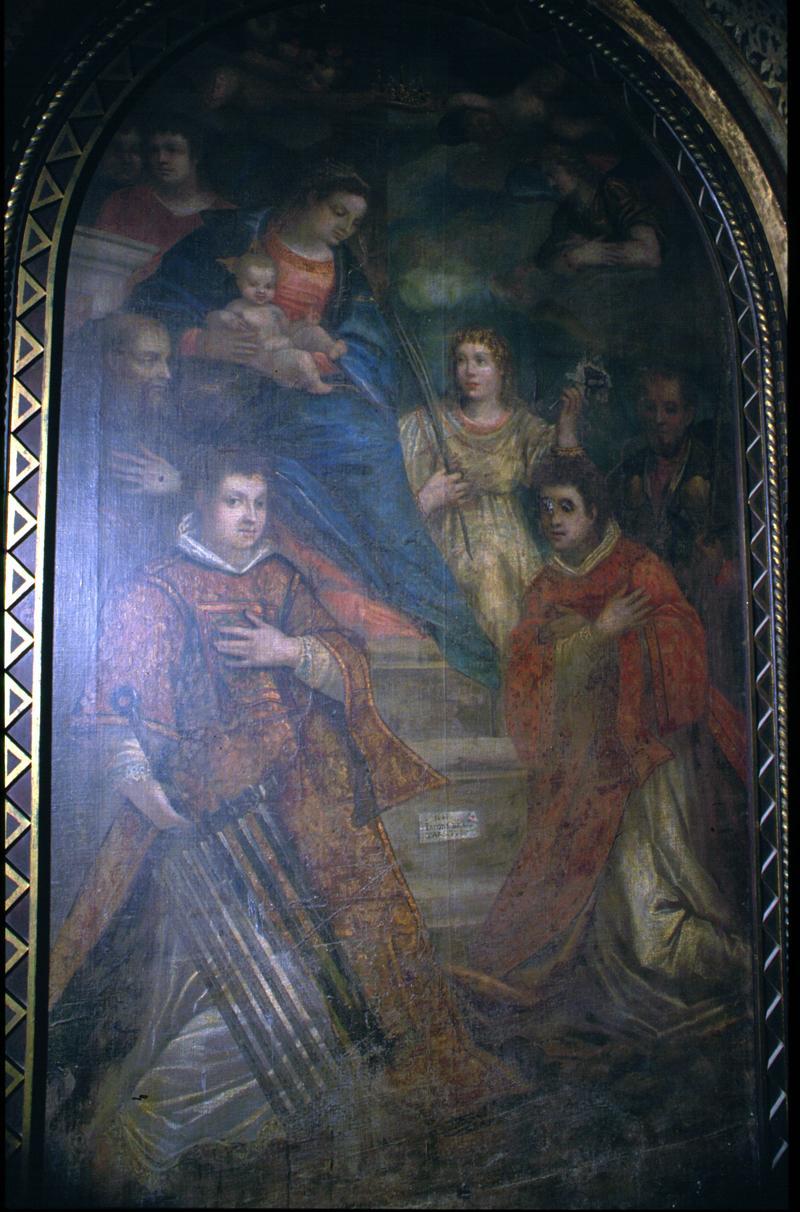 incoronazione di Maria Vergine tra San Francesco d'Assisi, San Lorenzo, Sant'Apollonia, San Rocco e santo Stefano (dipinto) di Bravo Giacomo - ambito veneto (sec. XVII)