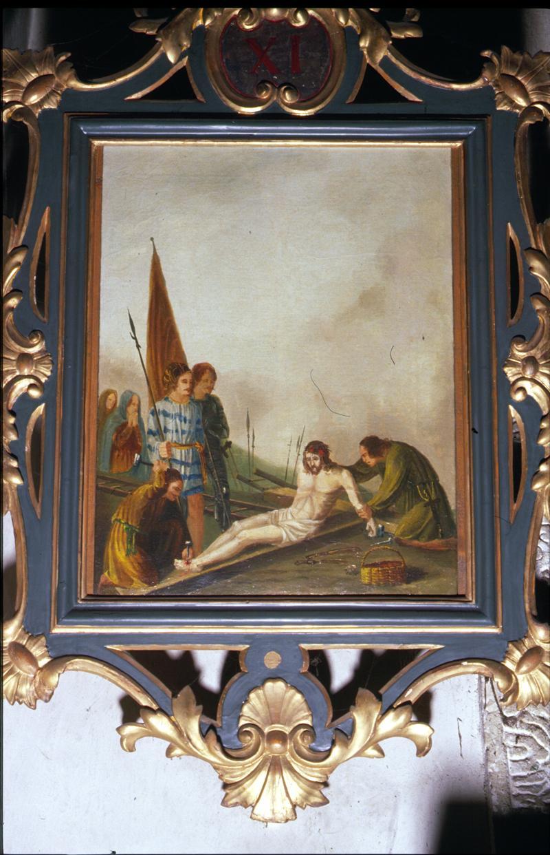 stazione XI: Gesù inchiodato alla croce (dipinto) di Caffi Ippolito - ambito veneto (sec. XIX)