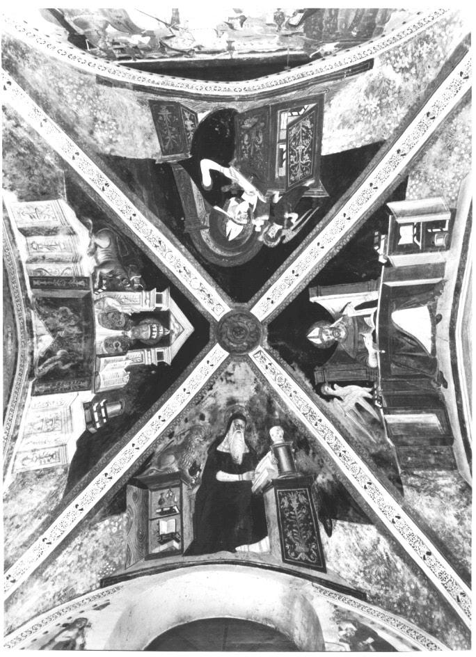 Padri della Chiesa con simboli degli Evangelisti/ motivi decorativi a girali vegetali/ Rosone (dipinto, ciclo) di Zago Antonio (sec. XV)