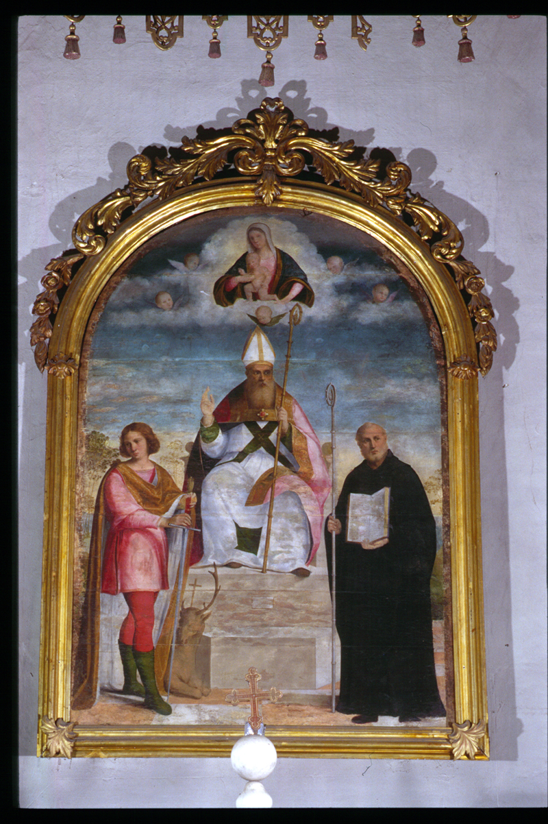 San Vigilio in trono tra Sant'Eustachio e San Benedetto (dipinto) di Bissolo Francesco (attribuito) - ambito veneto (fine/inizio secc. XV/ XVI)