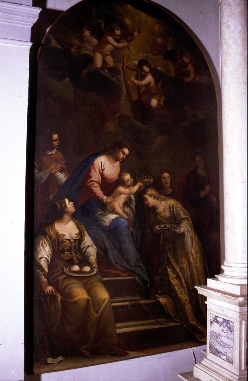 Santa Lucia ai piedi della Vergine con Sant'Agata e Sant'Apollinare (dipinto) di Zaniberti Filippo - ambito veneto (sec. XVII)