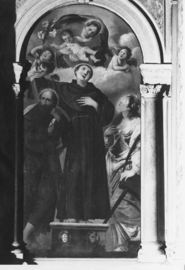 Sant'Antonio da Padova, Sant'Andrea apostolo, Santa Caterina d'Alessandria (dipinto) di Muttoni Pietro detto Pietro Vecchia (sec. XVII)