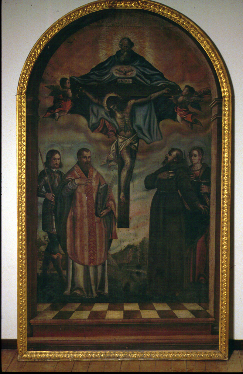 crocifissione di Cristo tra San Valentino, San Rocco, San Francesco d'Assisi e Santa Lucia (dipinto) di Frigimelica Francesco (attribuito) - ambito veneto (inizio sec. XVII)