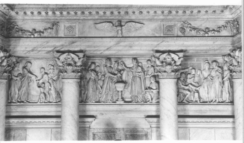 San Leonardo fa l'elemosina ai poveri/ Battesimo di San Leonardo/ San Leonardo libera dalle catene un giovane innocente (decorazione plastica) di Casagrande Marco - ambito veneto (sec. XIX)