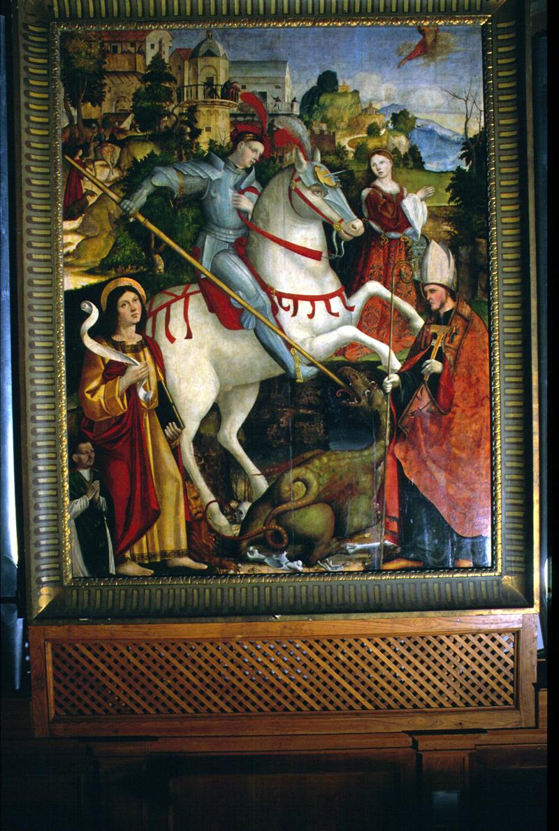 San Giorgio, San Daniele, San Biagio e un committente (dipinto) di Francesco Da Milano (attribuito) (sec. XVI)