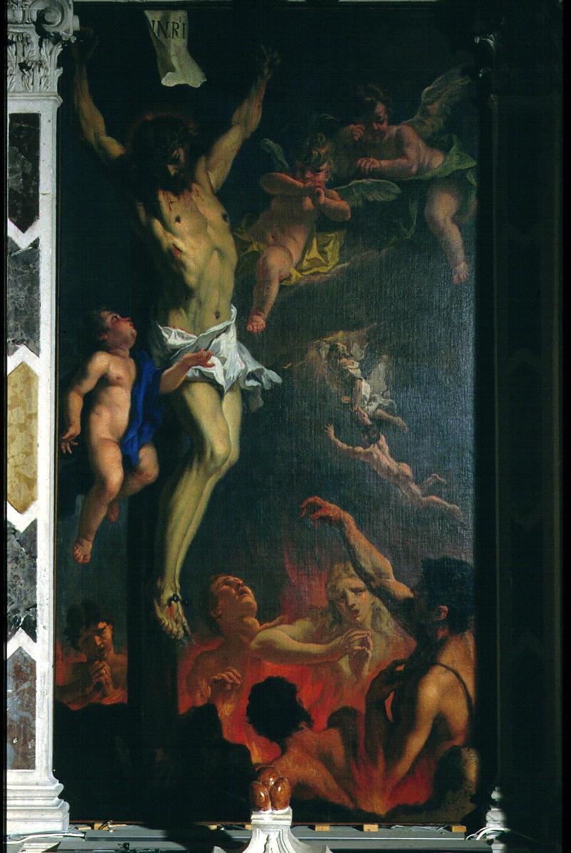 Cristo crocifisso e anime del Purgatorio (dipinto) di Ricci Sebastiano (attribuito) (sec. XVIII)