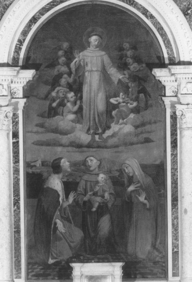 San Francesco d'Assisi in gloria con San Luigi, Sant'Antonio e Santa Elisabetta d'Ungheria (dipinto) di Mattielli Adolfo (sec. XX)