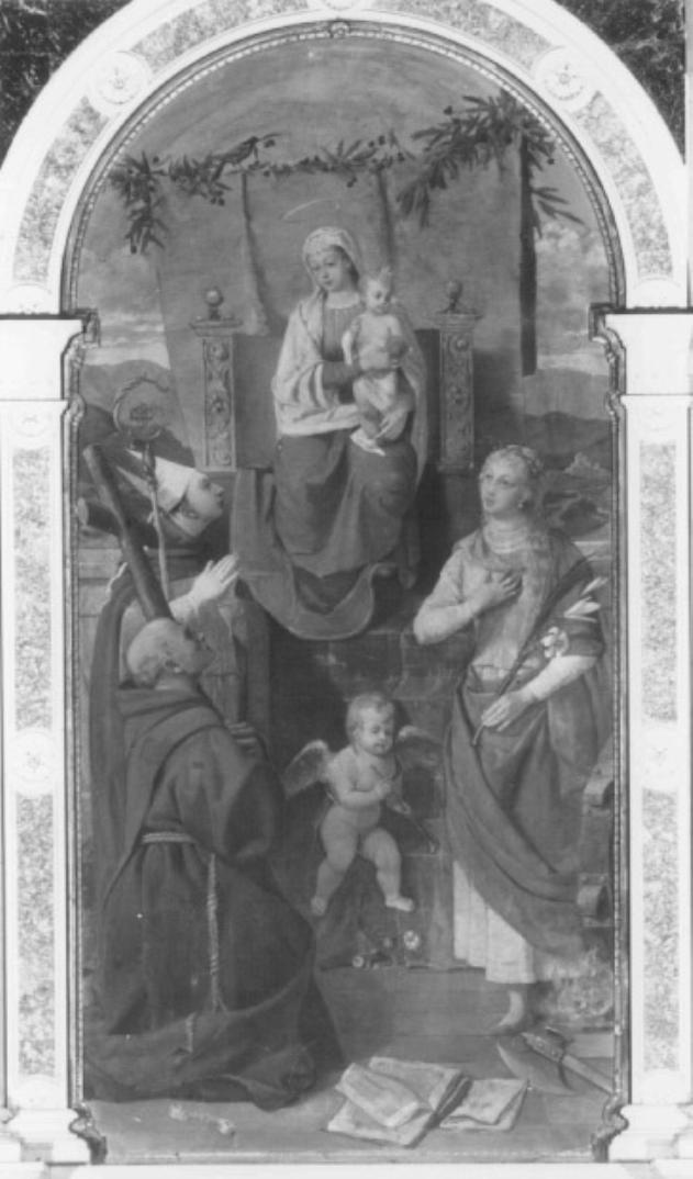Madonna con Bambino in trono tra Sant'Augusta e altri santi (dipinto) di Spoldi Giovanni (sec. XIX)