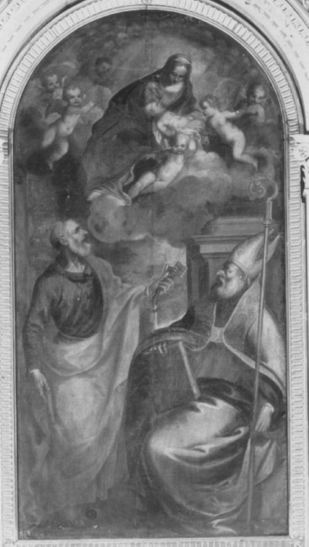 Madonna con Bambino in gloria con San Pietro e San Nicolò (dipinto) di Negretti Jacopo detto Palma il Giovane (attribuito) (sec. XVI)