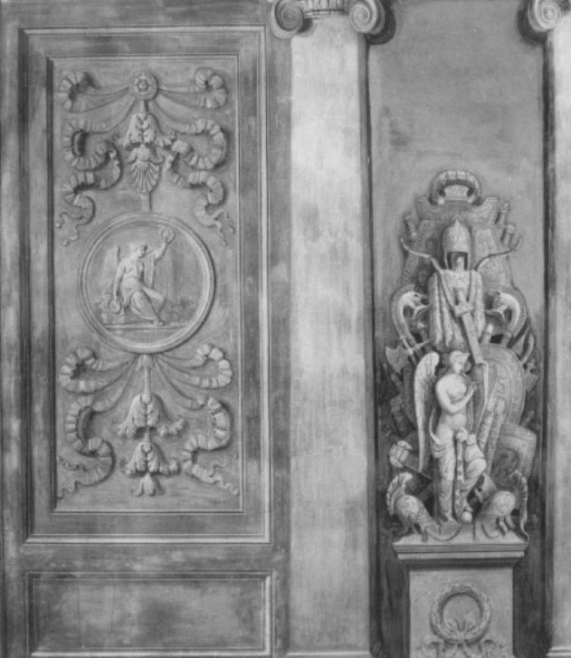 motivo decorativo con medaglione e figura allegorica femminile della Fama/ figura allegorica femminile della Vittoria (dipinto) di Bevilacqua Giovanni Carlo, Borsato Giuseppe (sec. XIX)