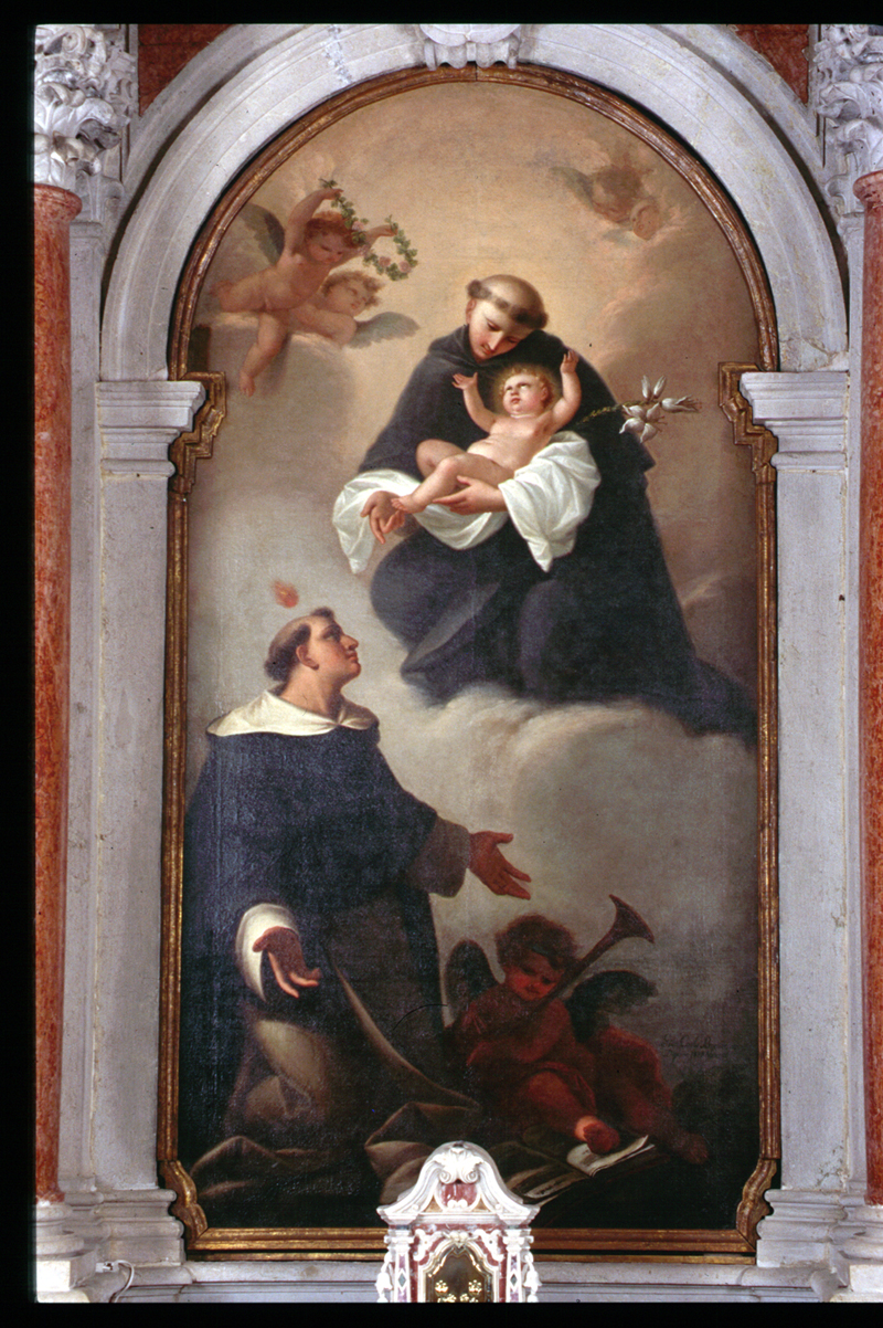 Sant'Antonio da Padova con il bambino e San Domenico (dipinto) di Bevilacqua Giovanni Carlo - ambito veneto (sec. XIX)