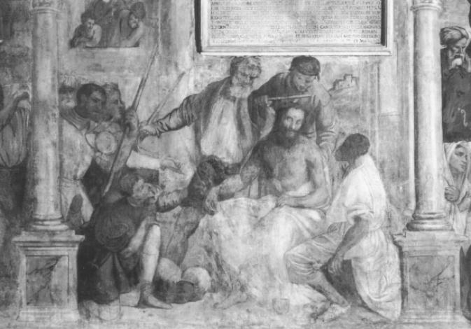 Cristo deriso (decorazione pittorica) di Tessari Girolamo detto Girolamo dal Santo (attribuito) (sec. XVI, sec. XVI)