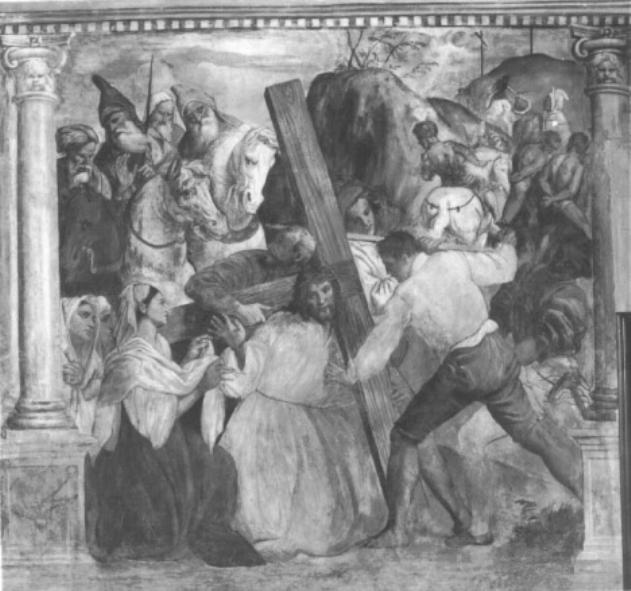 La caduta sotto la croce (decorazione pittorica) di Campagnola Domenico (attribuito) (sec. XVI, sec. XVI)