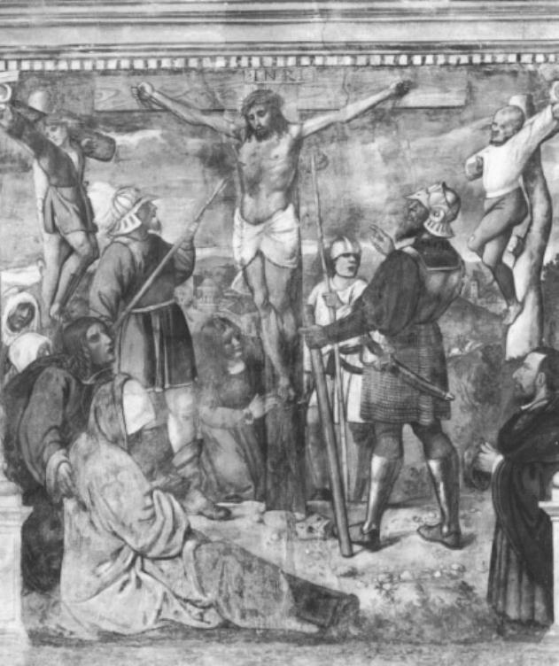 crocifissione (decorazione pittorica) di Tessari Girolamo detto Girolamo dal Santo (attribuito) (sec. XVI, sec. XVI)