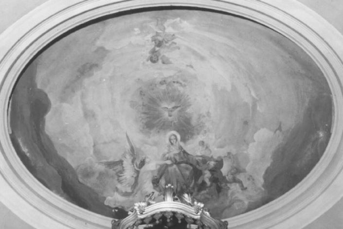 Madonna tra le nuvole circondata da angeli/ colomba dello Spirito santo (dipinto) - ambito veneto (secc. XIX/ XX)