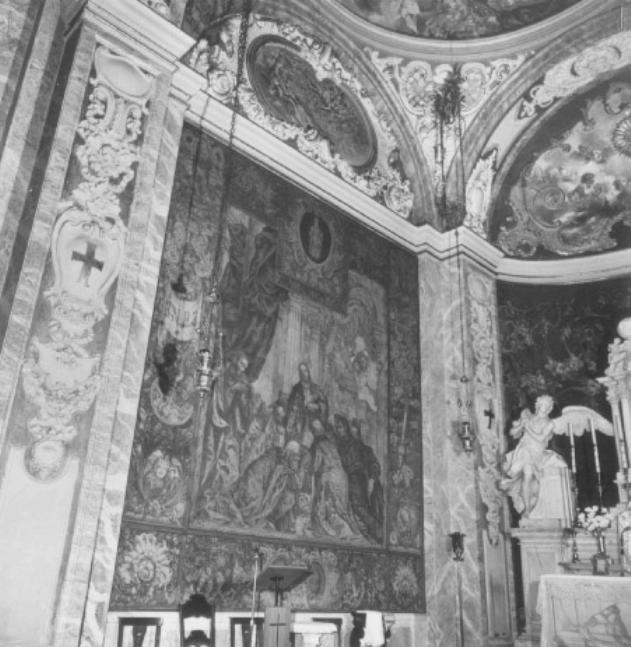 angelo e figura maschile/ ultima cena/ motivi decorativi floreali (dipinto) di Moro Marzio, Tonello Vincenzo - ambito veneto (sec. XX)