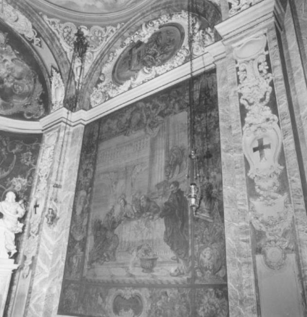 scena biblica/ cena in Emmaus/ motivi decorativi floreali/ simboli della passione (dipinto) di Moro Marzio, Tonello Vincenzo - ambito veneto (sec. XX)