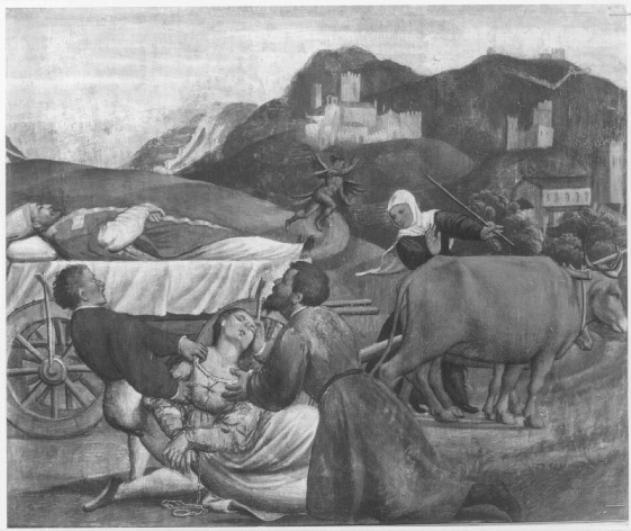 Arrivo del corpo di San Tiziano a Ceneda e miracolo dell' indemoniata (dipinto) di Amalteo Pomponio (attribuito) (sec. XVI)
