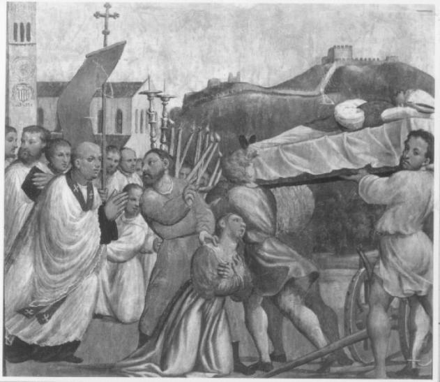 corpo di San Tiziano portato in Duomo mentre il demonio fugge da un' indemoniata (dipinto) di Amalteo Pomponio (attribuito) (sec. XVI)