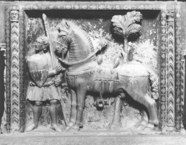 Guerriero bardato con cavallo alla briglia (rilievo) - ambito veneto (sec. XIV)