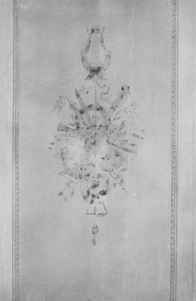 motivi decorativi a candelabra/ motivi fitomorfi/ nastri/ strumenti musica li (dipinto) di Borsato Giuseppe (sec. XIX)