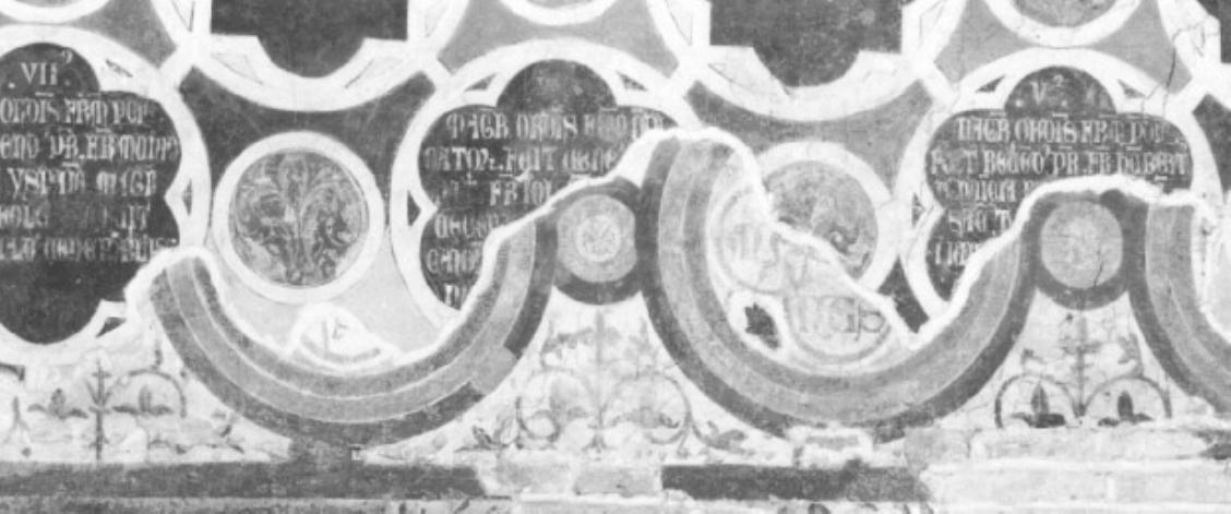 motivi decorativi a tondi e girali vegetali conte- nenti iscrizioni (dipinto) - ambito veneto (seconda metà sec. XIII)