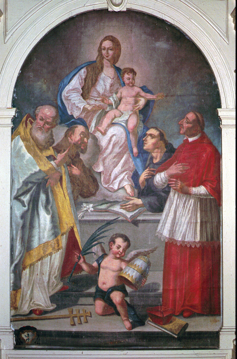 Madonna in trono con Bambino tra San Gregorio, San Francesco, Sant'Antonio e San Carlo Borromeo (dipinto) di Masotti Giacomo - ambito veneto (sec. XVIII)