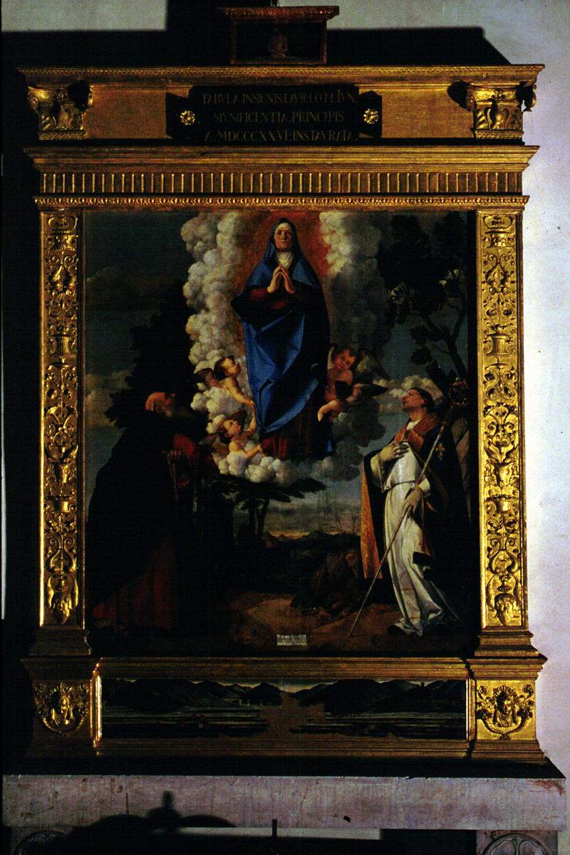 apparizione della Madonna ai Sant'Antonio Abate e San Ludovico da Tolosa (dipinto) di Lotto Lorenzo - ambito veneto (sec. XVI)