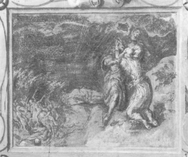 scena con figure barbute e cavalieri in fuga (dipinto) di Caliari Benedetto (sec. XVI)