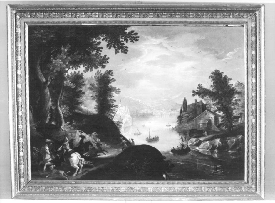 paesaggio con caccia al cervo (dipinto) - ambito veneto (sec. XVII)