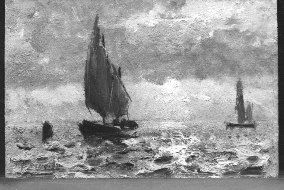 Vele, Marina con barche (dipinto) di Ciardi Beppe (secc. XIX/ XX)