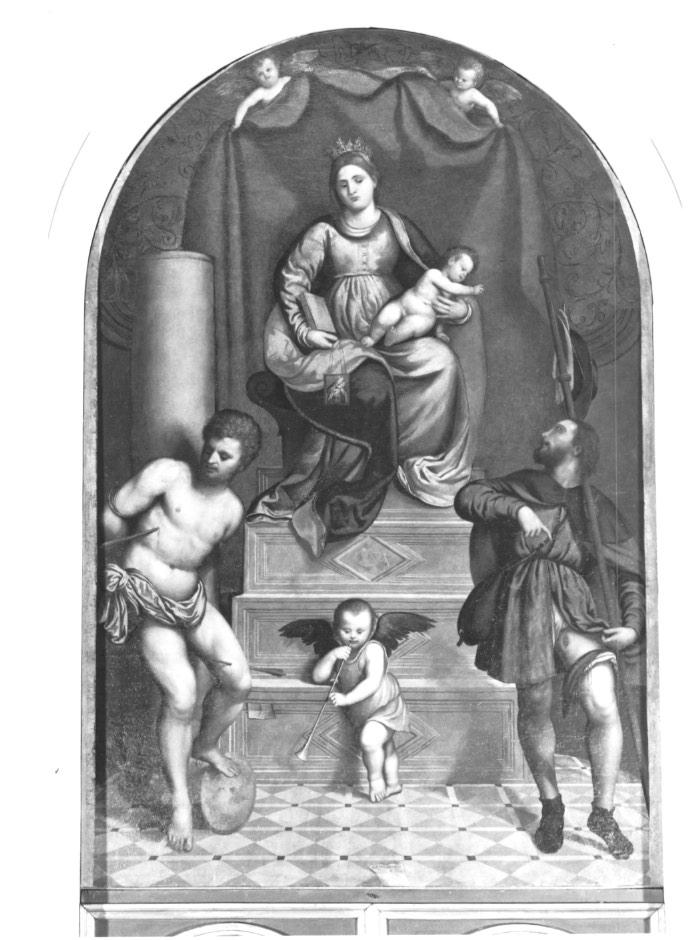 Madonna del Carmelo con Gesù Bambino, San Sebastiano e San Rocco (dipinto) di Bordone Paris (sec. XVI)