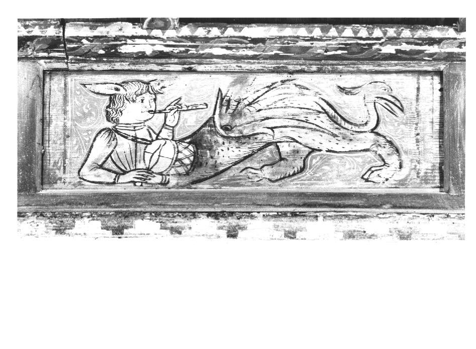figura fantastica che suona il flauto e il tamburo (dipinto) - ambito veneto (sec. XV)