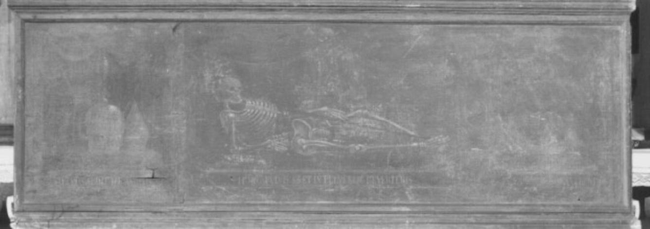Scheletro disteso/ mitra episcopale/ tendaggio (dipinto) - ambito veneto (sec. XVIII)