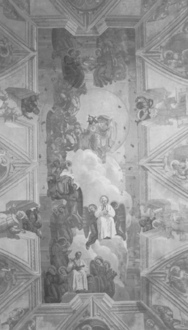 Gesù Cristo incoronato da angeli sulle nubi. Pio X e Pio XII in gloria. S. Andrea col modellino della chiesa (restaurata?) (dipinto) di Donati Carlo (secondo quarto sec. XX)