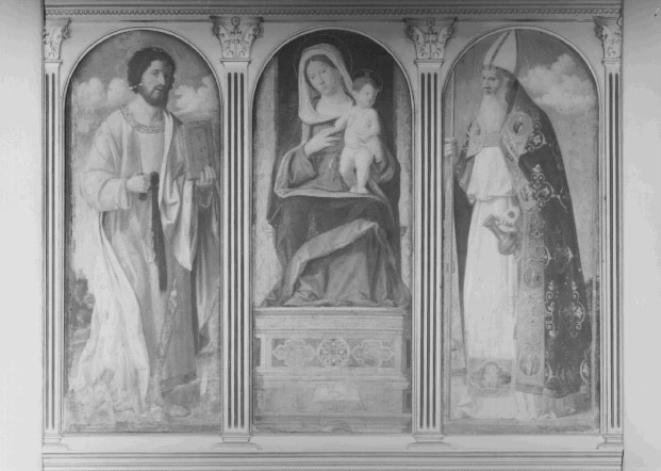 Madonna con Bambino, tra i SS. Bartolomeo e Prosdo- cimo (trittico) di Cima Giovanni Battista Detto Cima Da Conegliano (bottega) - ambito veneto (primo quarto sec. XVI)