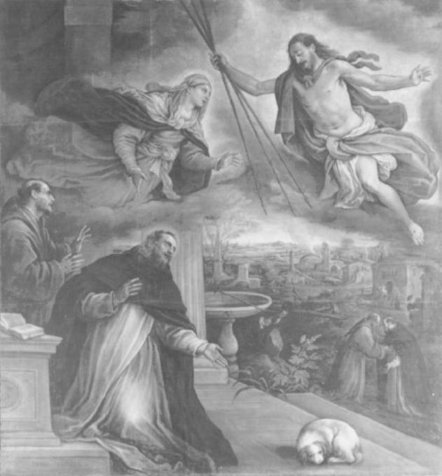 Madonna, San Francesco d'Assisi, San Domenico (dipinto) di Dal Ponte Francesco detto Francesco Bassano il Giovane (seconda metà sec. XVI)
