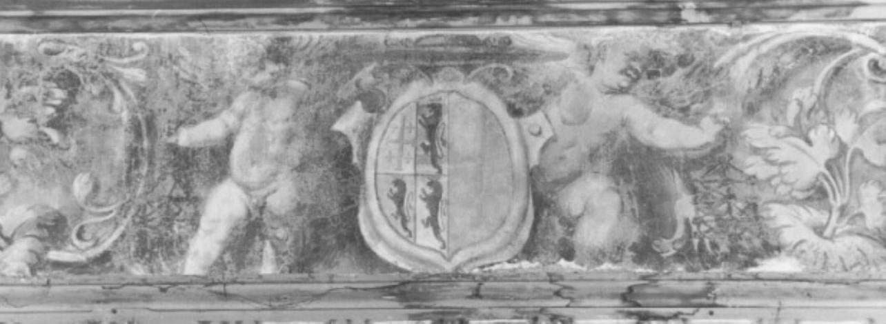 putti/ stemma/ motivi decorativi vegetali (dipinto) di Campagnola Domenico (attribuito) (sec. XVI)