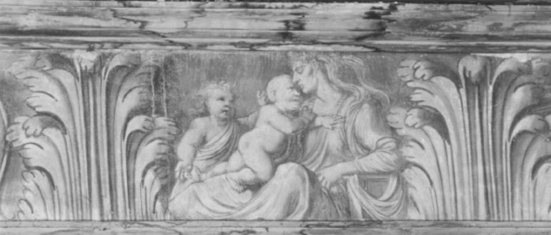 figura femminile con bambini/ motivi decorativi vegetali (dipinto) di Campagnola Domenico (attribuito) (sec. XVI)