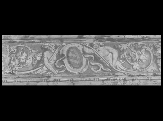 motivi decorativi vegetali/ figure maschili fantastiche/ stemma (dipinto) di Campagnola Domenico (attribuito) (sec. XVI)