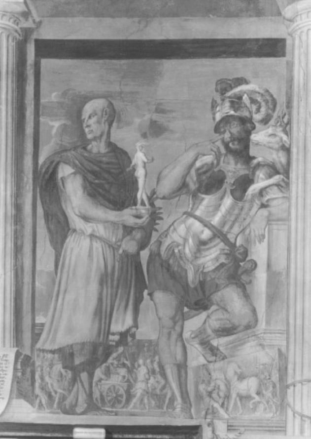 Caio Mario/ Q. Sertorio/ scene militari (dipinto) di Campagnola Domenico (attribuito) (sec. XVI)